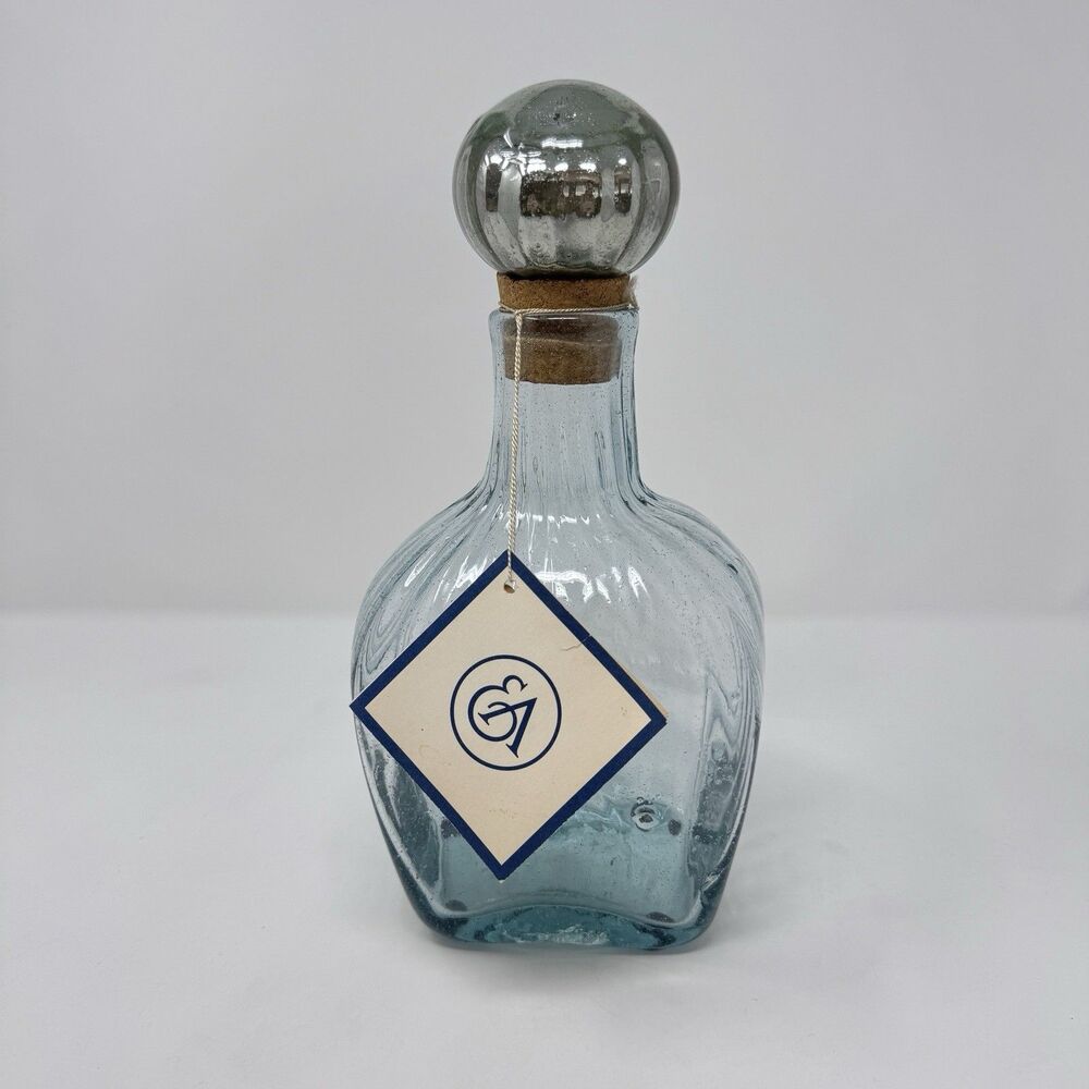 Ethan Allen Blue Glass Cork Handblown Decanter with Tags 11”